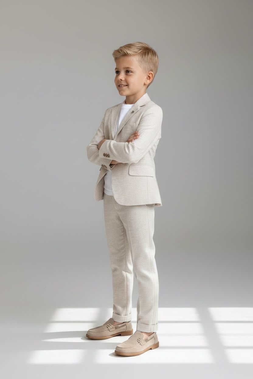 Bej Renkli Keten Çocuk Takım Elbise – Aslı Türkoğlu Kids Atelier