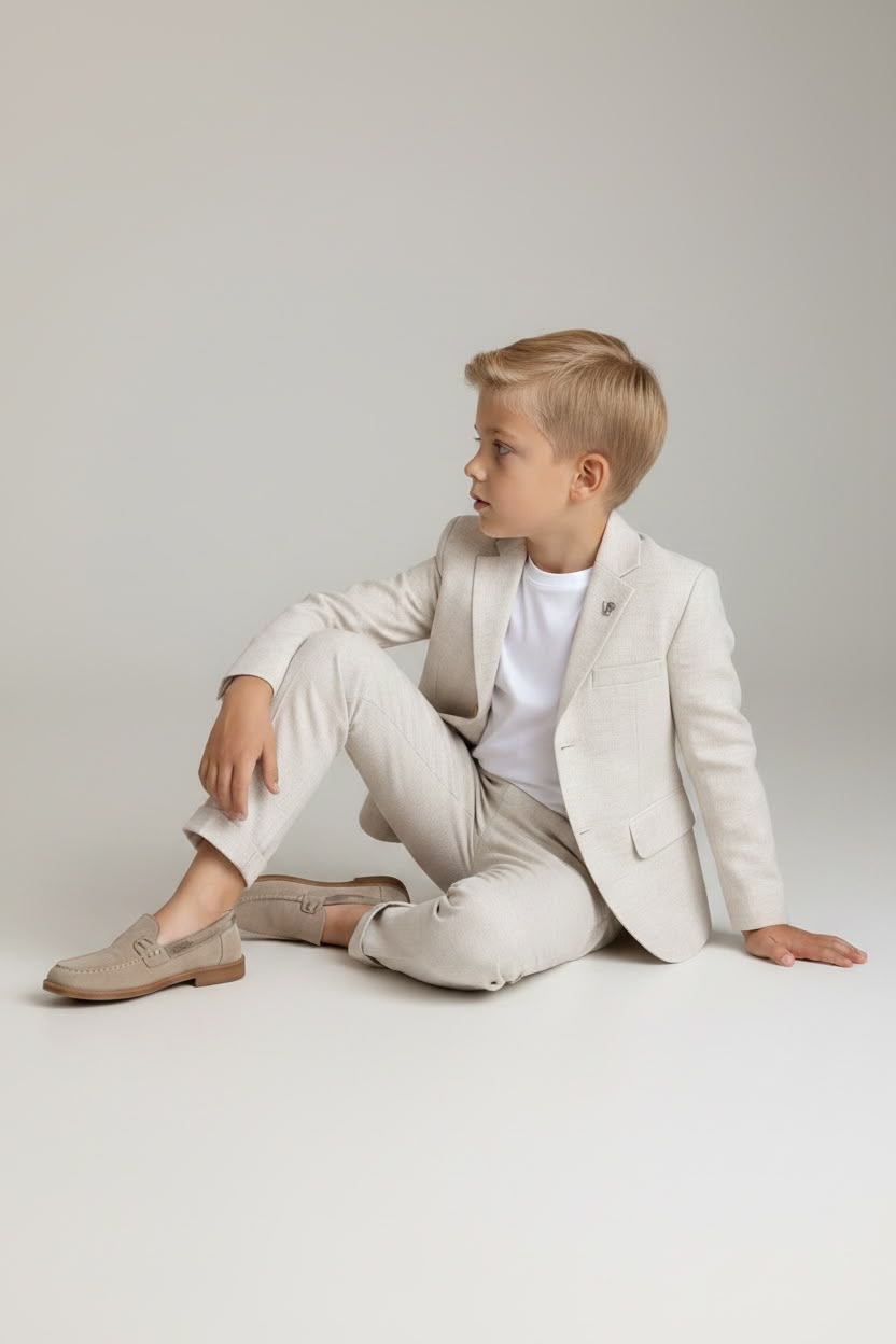 Bej Renkli Keten Çocuk Takım Elbise – Aslı Türkoğlu Kids Atelier