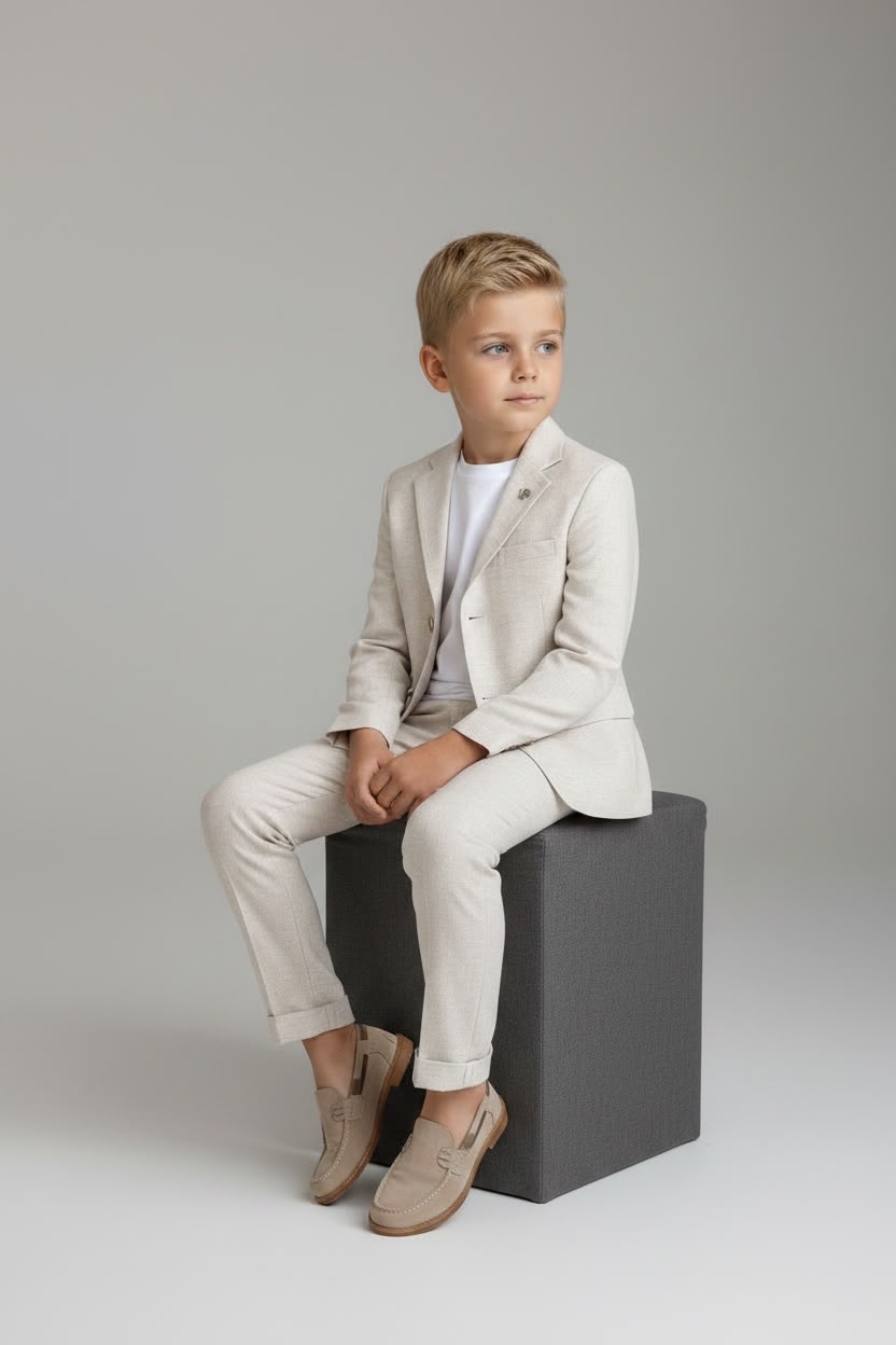 Bej Renkli Keten Çocuk Takım Elbise – Aslı Türkoğlu Kids Atelier