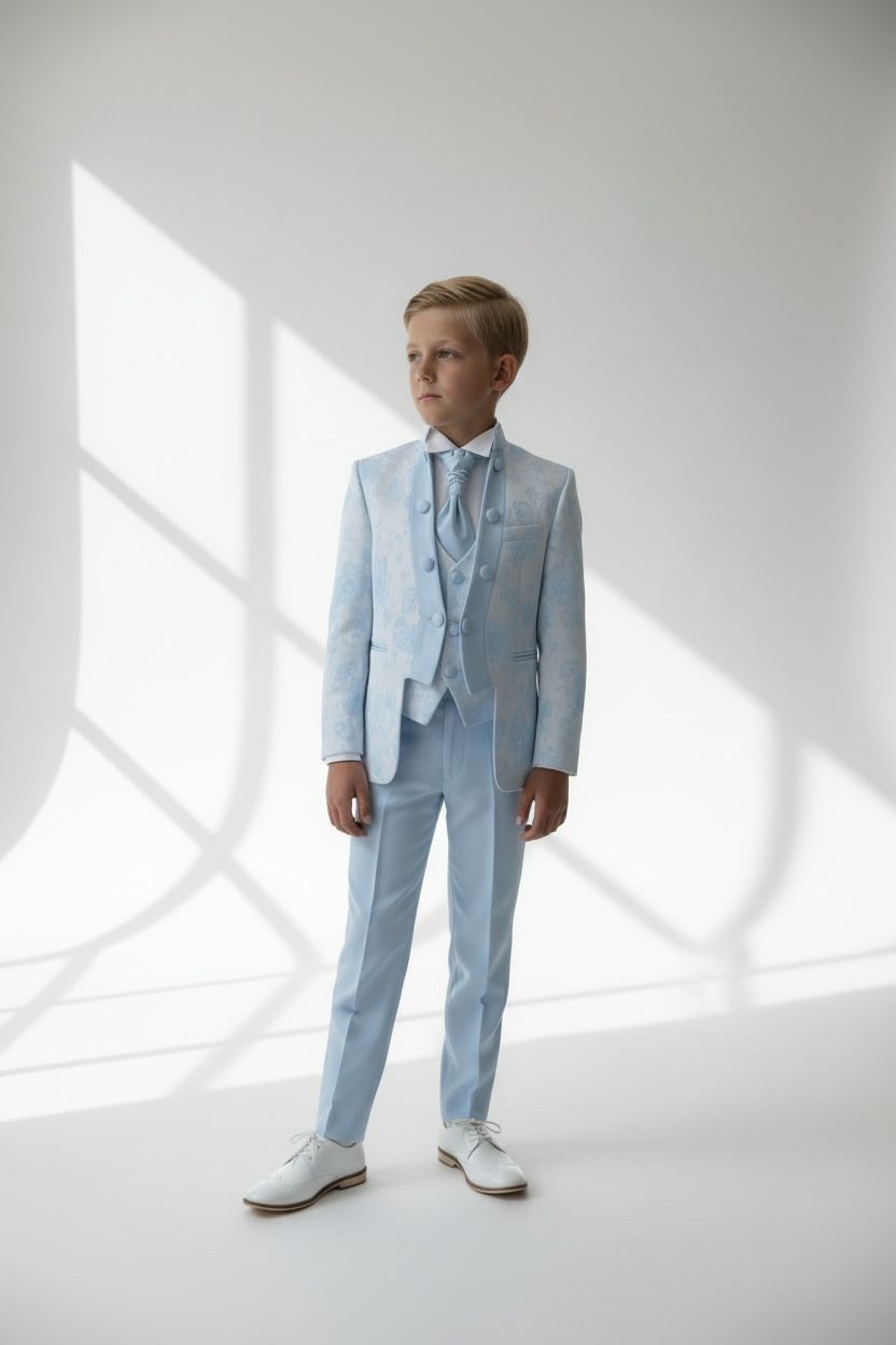 Buz Mavisi Jakarlı Erkek Çocuk Takım Elbise Seti - Özel Dikim ve Erkek Çocuk Düğün Kıyafeti