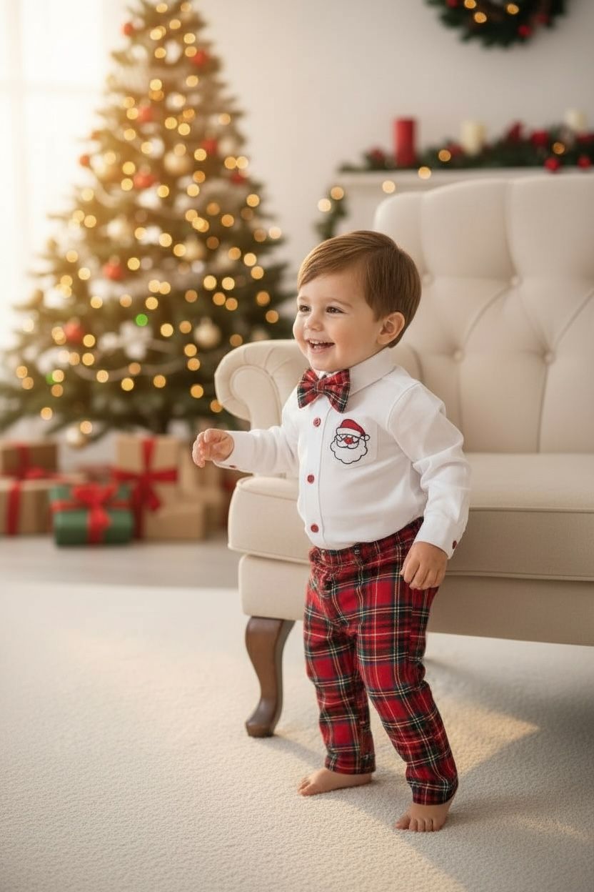 Yılbaşı Erkek Bebek Takım Noel Baba Nakışlı Gömlek & Ekose Pantolon & Papyon