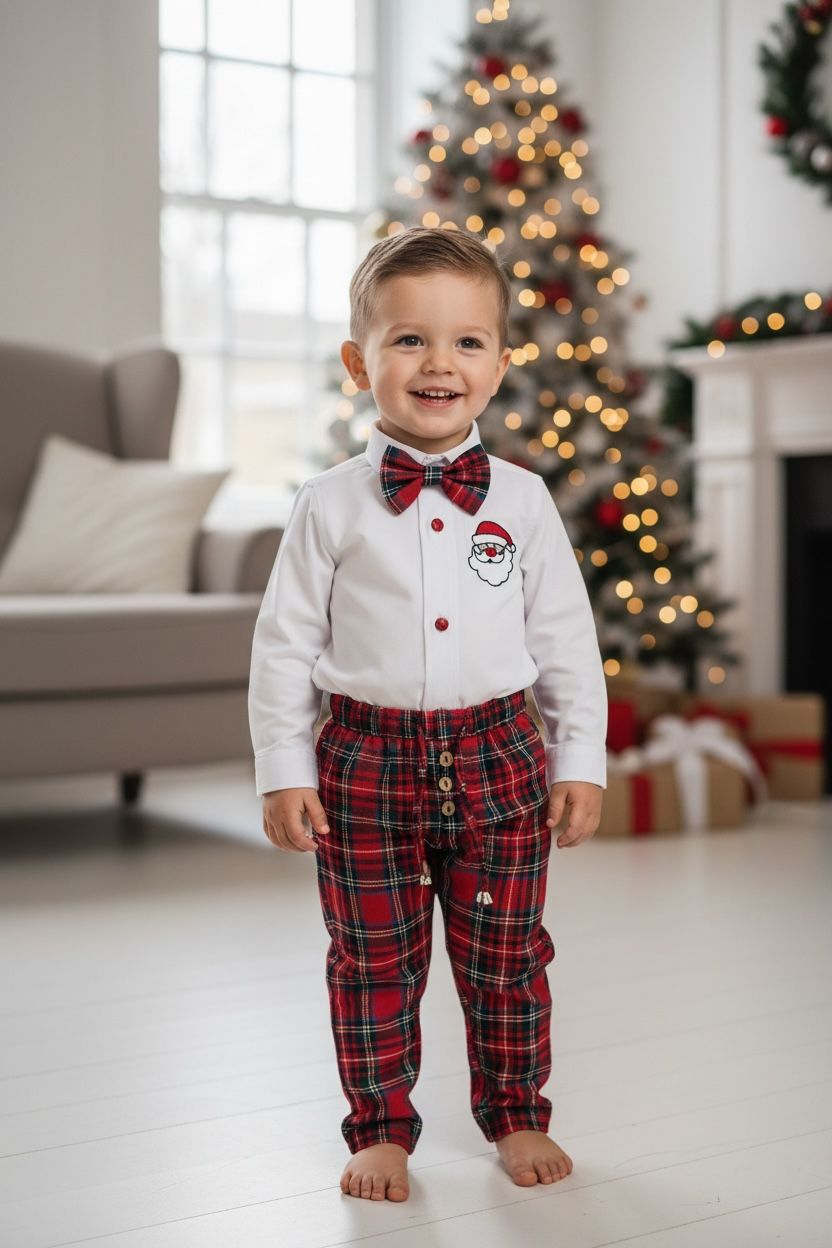 Yılbaşı Erkek Bebek Takım Noel Baba Nakışlı Gömlek & Ekose Pantolon & Papyon