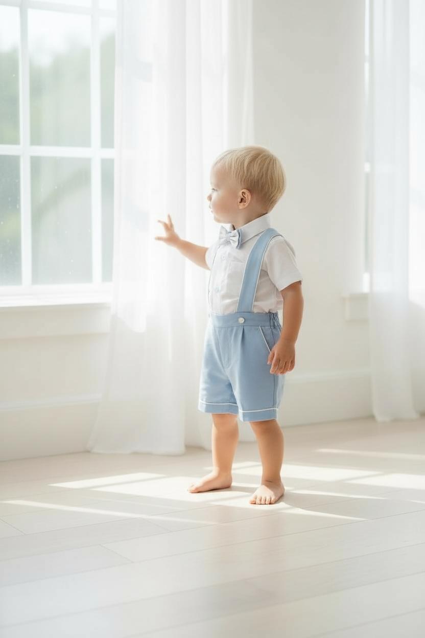 Bebe Mavi Erkek Bebek Askılı Şort Takım Papyonlu Özel Gün Kombini