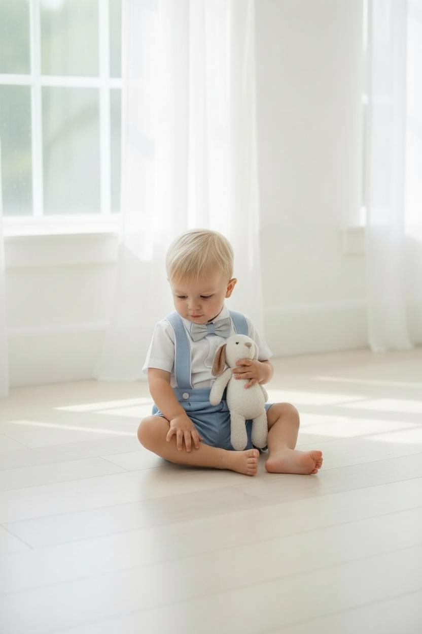 Bebe Mavi Erkek Bebek Askılı Şort Takım Papyonlu Özel Gün Kombini