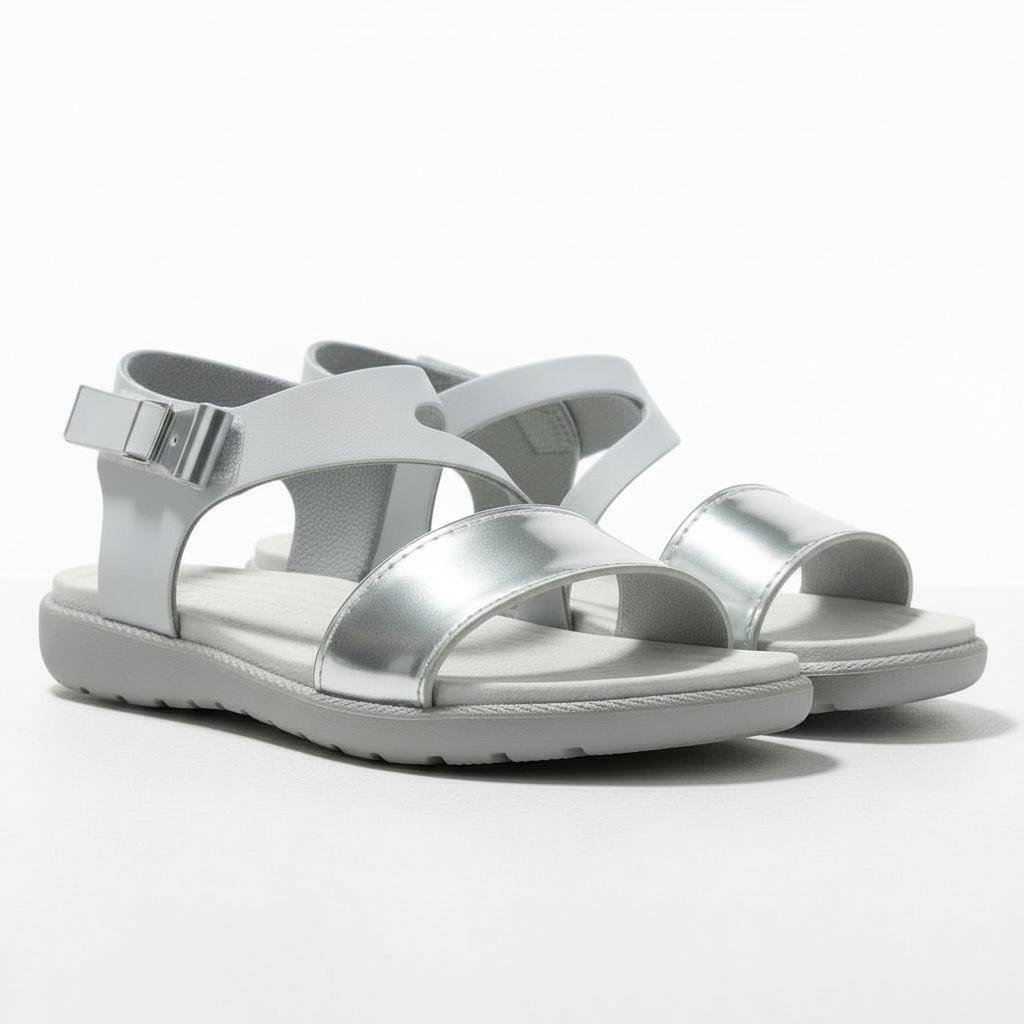Kız Çocuk Deri Sandalet – Gümüş Detaylı, Ortopedik Yazlık Sandalet