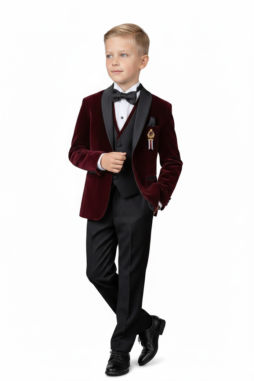 Bordo Kadife Broş Detaylı Erkek Çocuk Smokin Takım Elbise