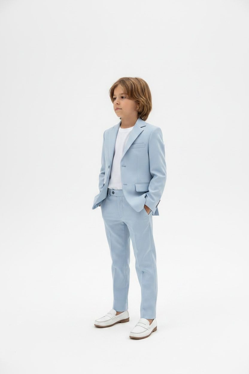 Erkek çocuk keten blazer ceket ve pantolon takım yandan görünüm