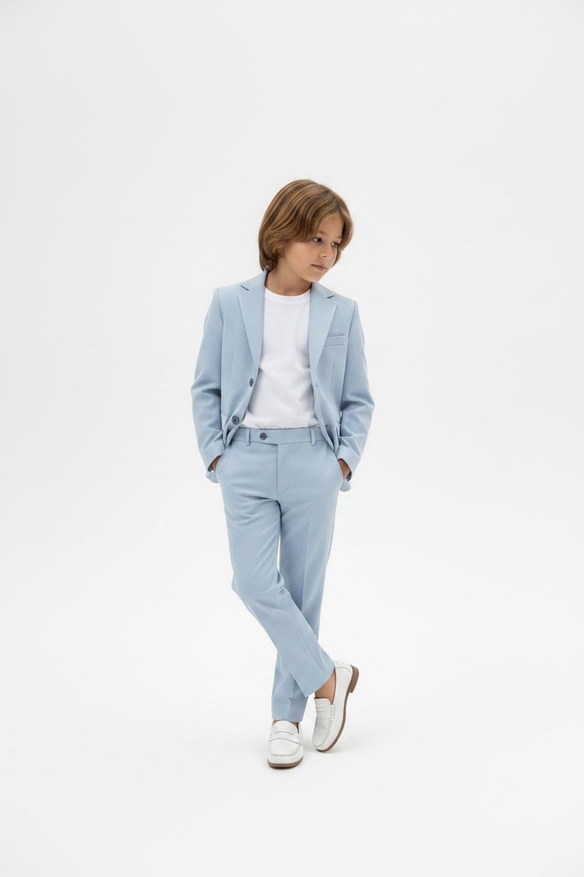 Çocuk keten takım pantolon ve beyaz loafer detayı