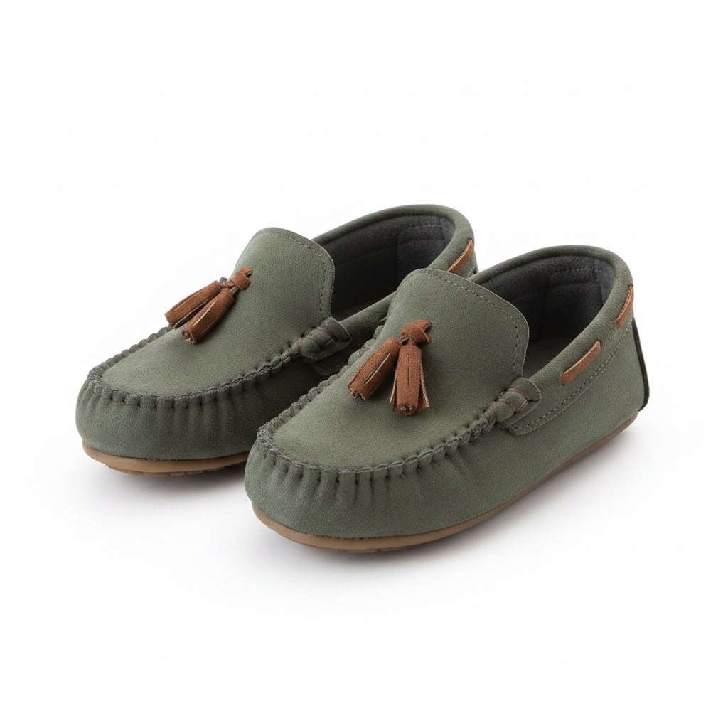 Haki yeşil püsküllü çocuk loafer - görsel 10