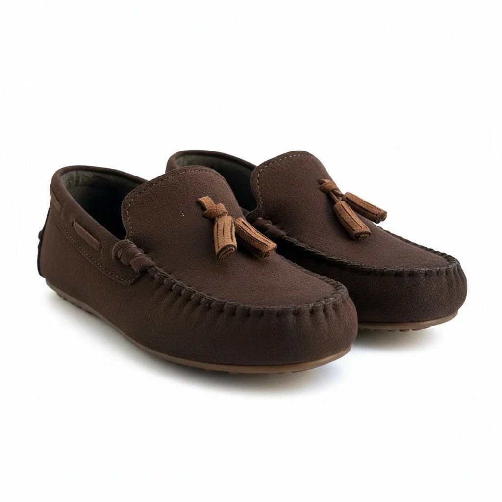 Kahverengi çocuk loafer makosen - çift yan açı nubuk görünüm