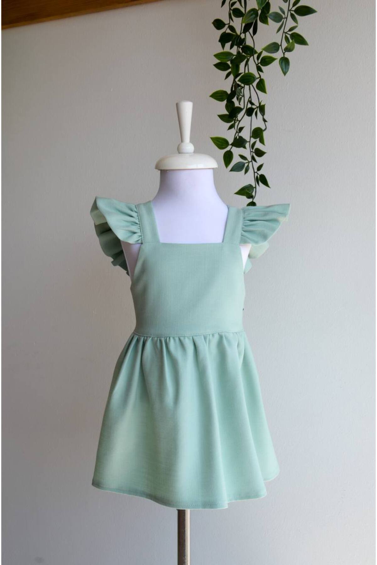Kız Çocuk Fırfırlı Mini Keten Elbise - Mint Yeşili