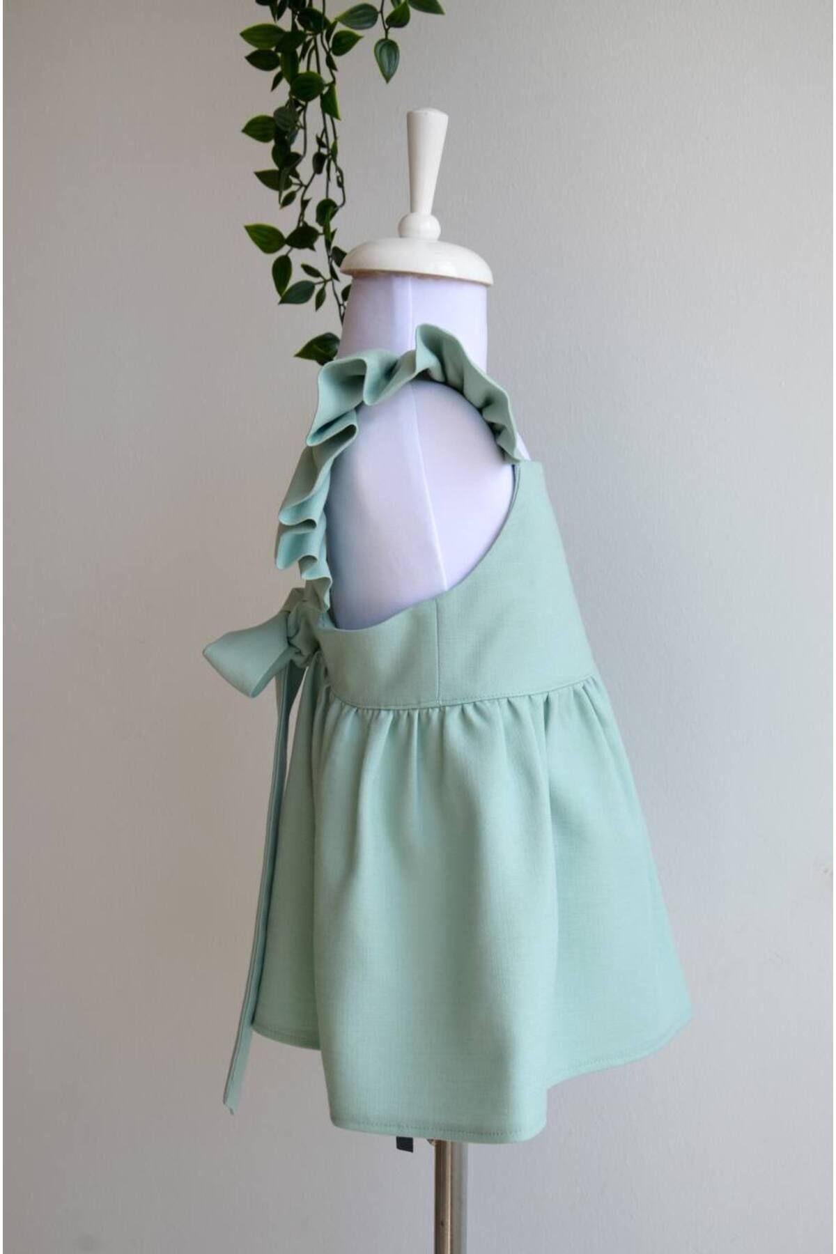 Kız Çocuk Fırfırlı Mini Keten Elbise - Mint Yeşili