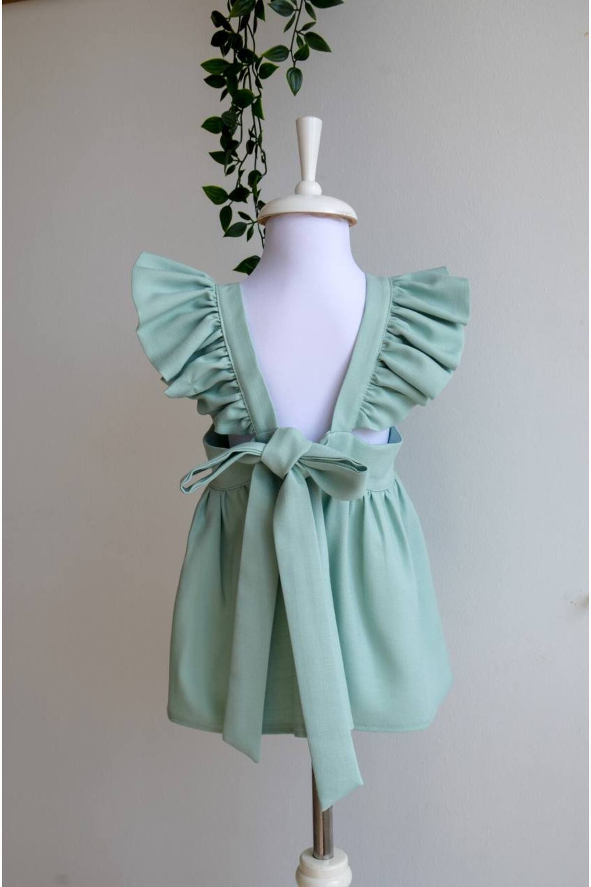 Kız Çocuk Fırfırlı Mini Keten Elbise - Mint Yeşili