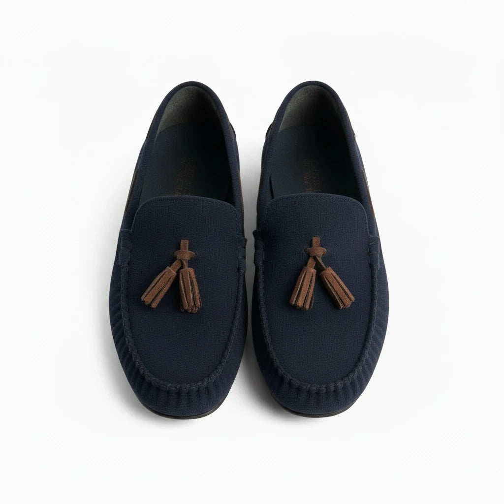 Lacivert çocuk loafer - ön görünüm kahverengi püskül detayı