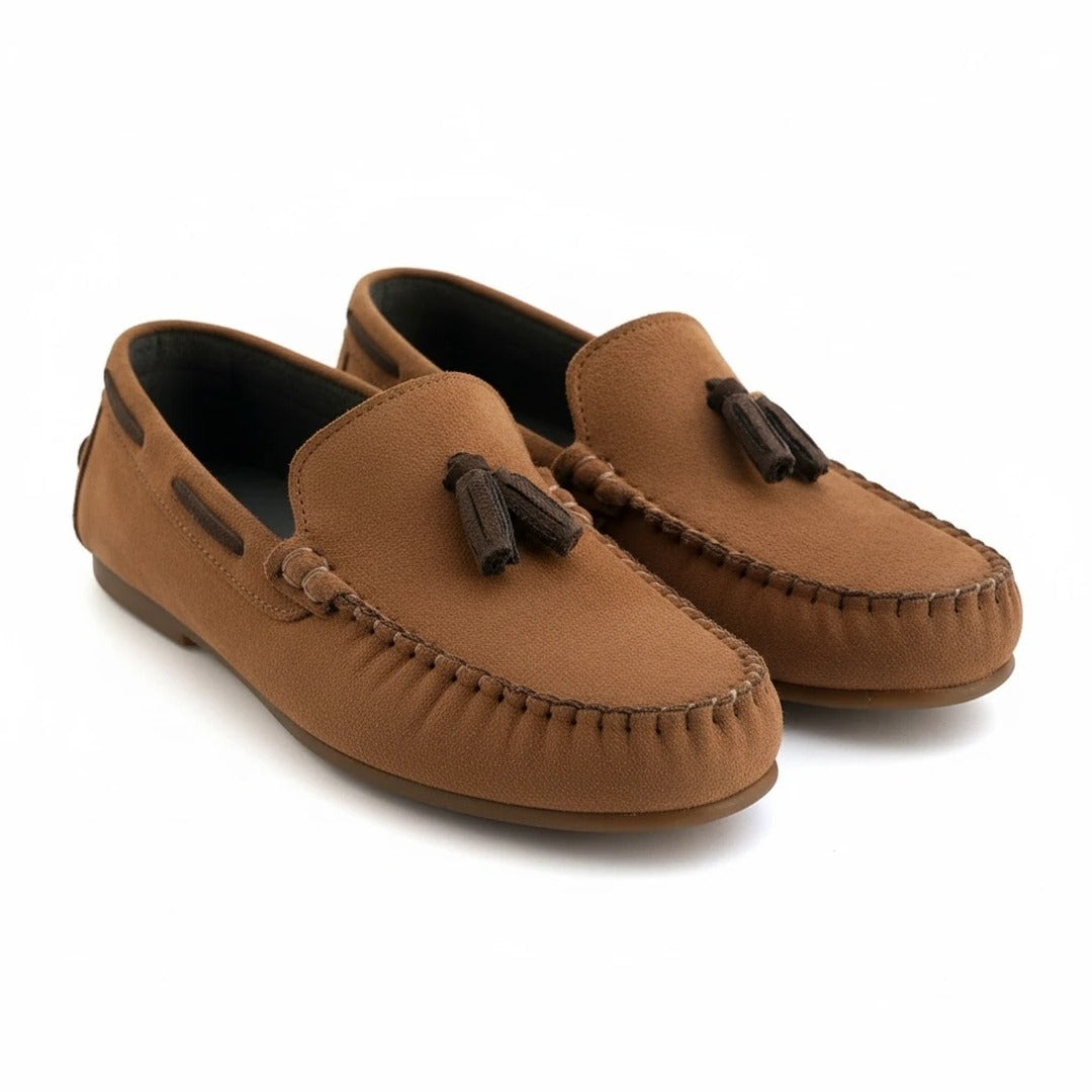 Taba rengi püsküllü çocuk loafer ayakkabı - üç çeyrek açı