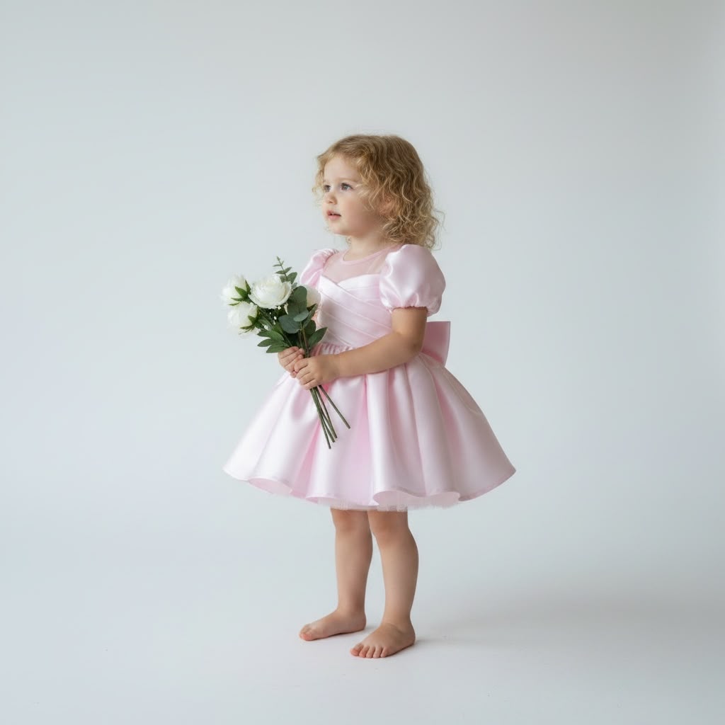 Pembe saten bebek elbisesi elinde çiçek tutan model