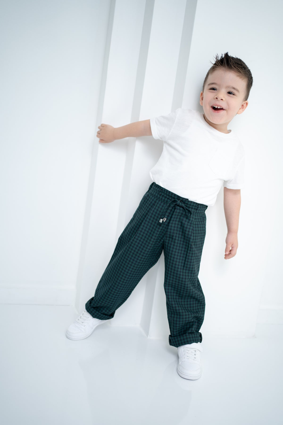 Unisex Çocuk Ekose Oversize Pantolon - Yeşil