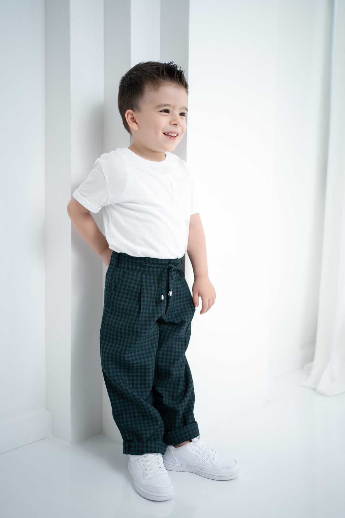 Unisex Çocuk Ekose Oversize Pantolon - Yeşil