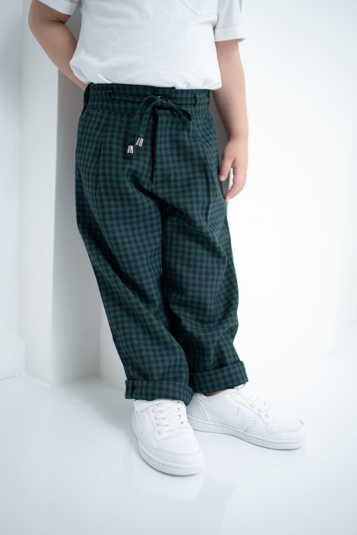 Unisex Çocuk Ekose Oversize Pantolon - Yeşil