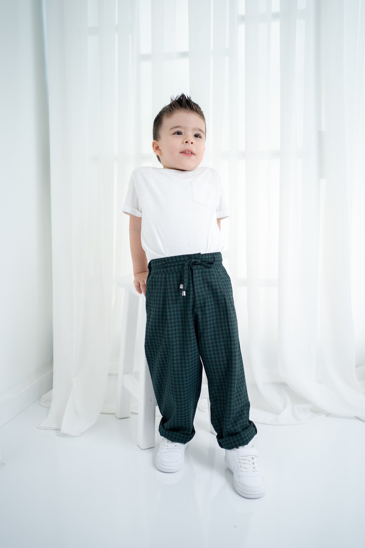 Unisex Çocuk Ekose Oversize Pantolon - Yeşil