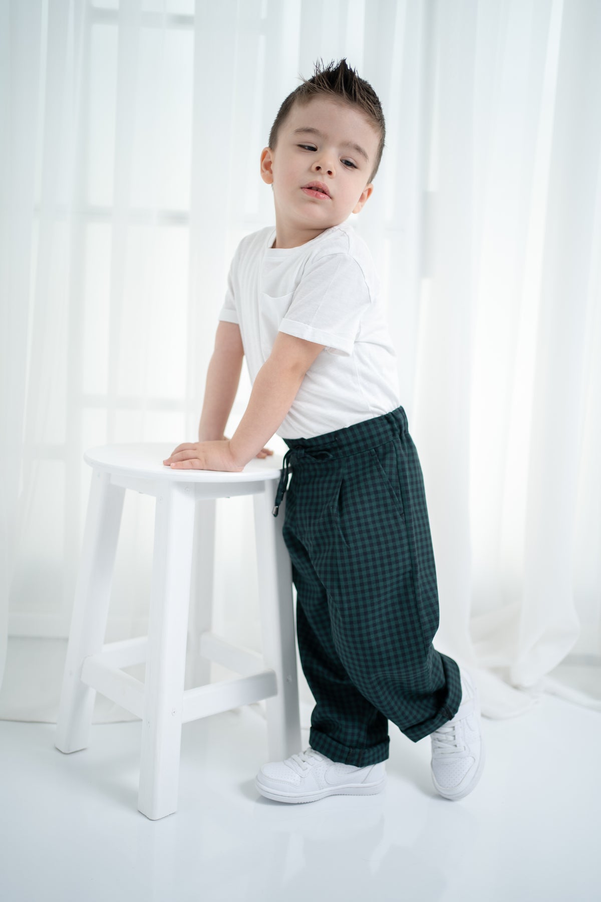 Unisex Çocuk Ekose Oversize Pantolon - Yeşil