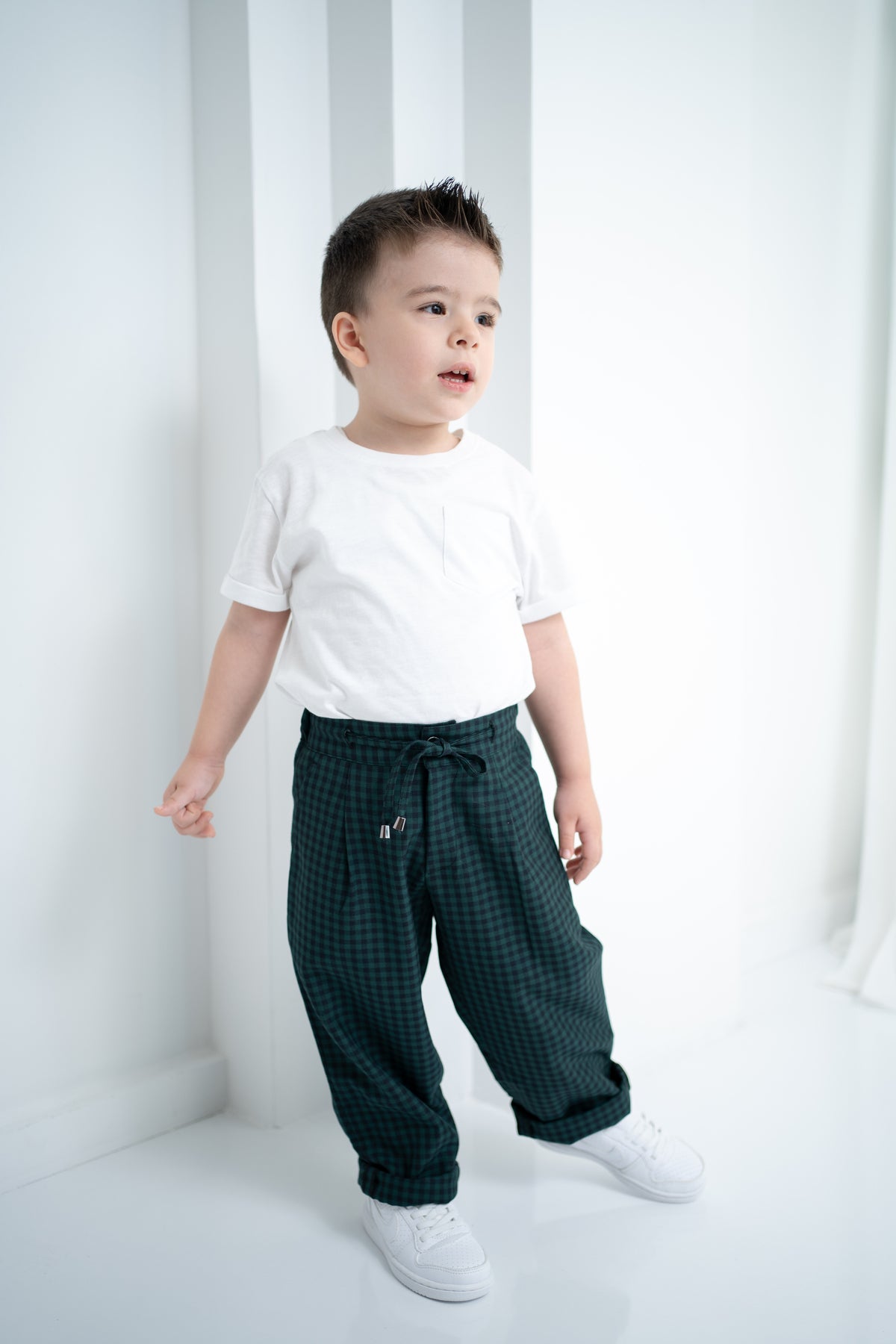 Unisex Çocuk Ekose Oversize Pantolon - Yeşil