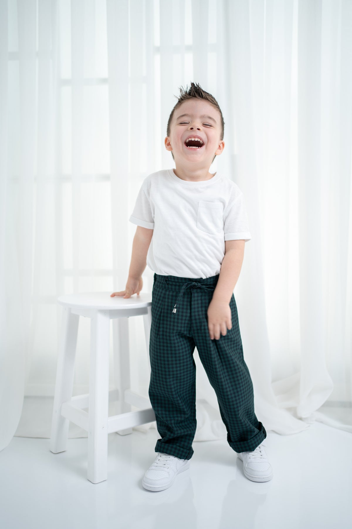 Unisex Çocuk Ekose Oversize Pantolon - Yeşil