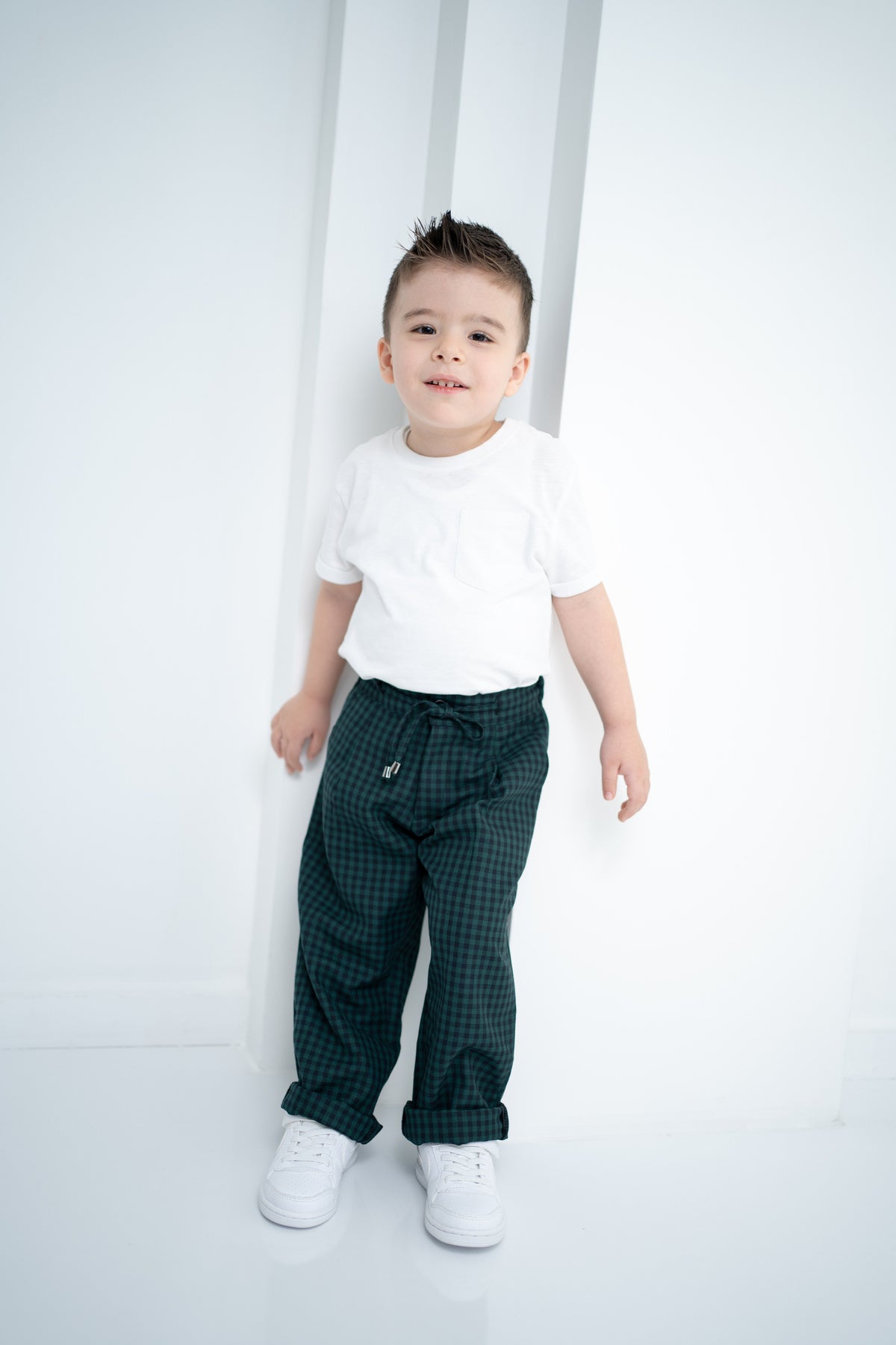Unisex Çocuk Ekose Oversize Pantolon - Yeşil
