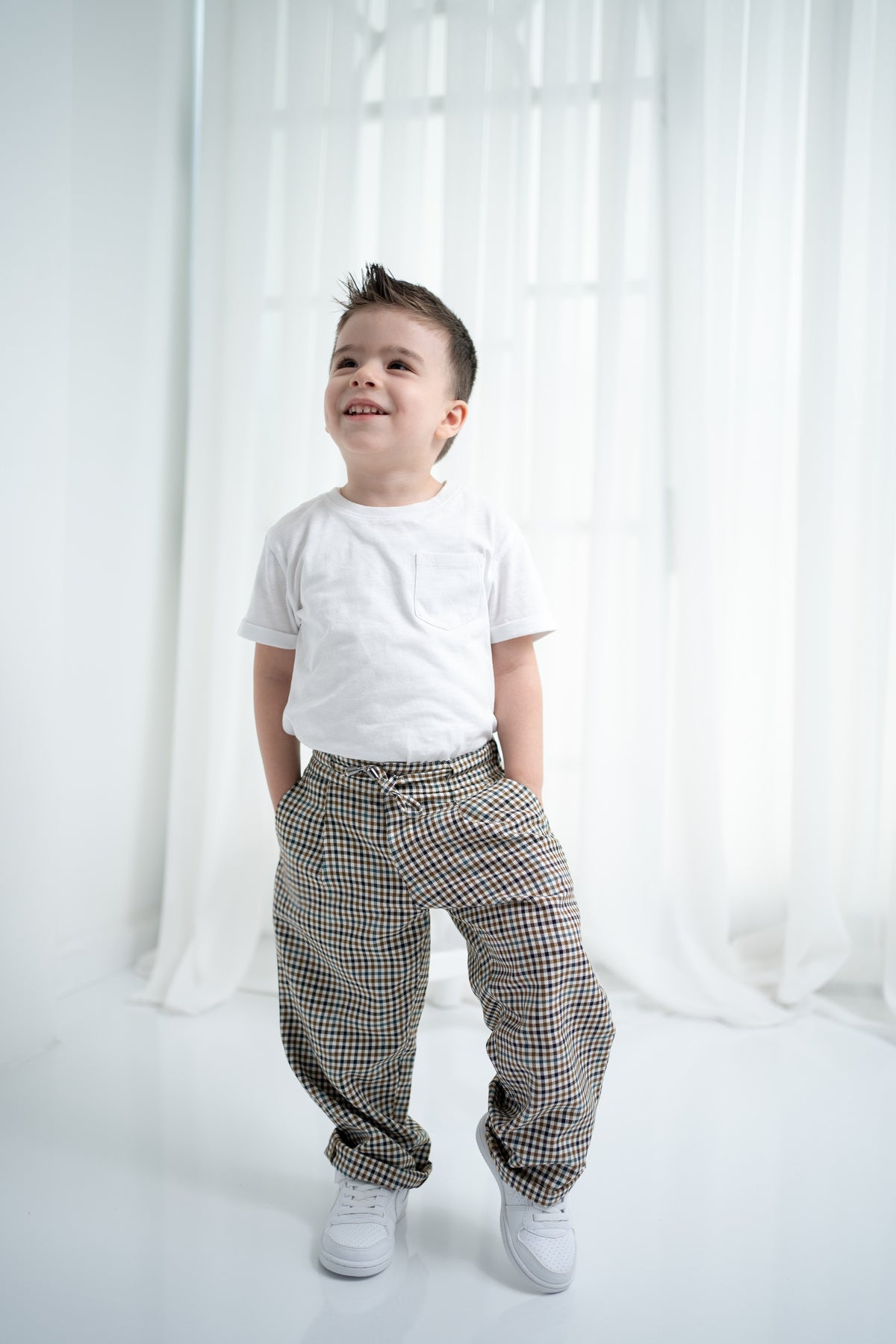 Unisex Çocuk Ekose Oversize Pantolon - Bej