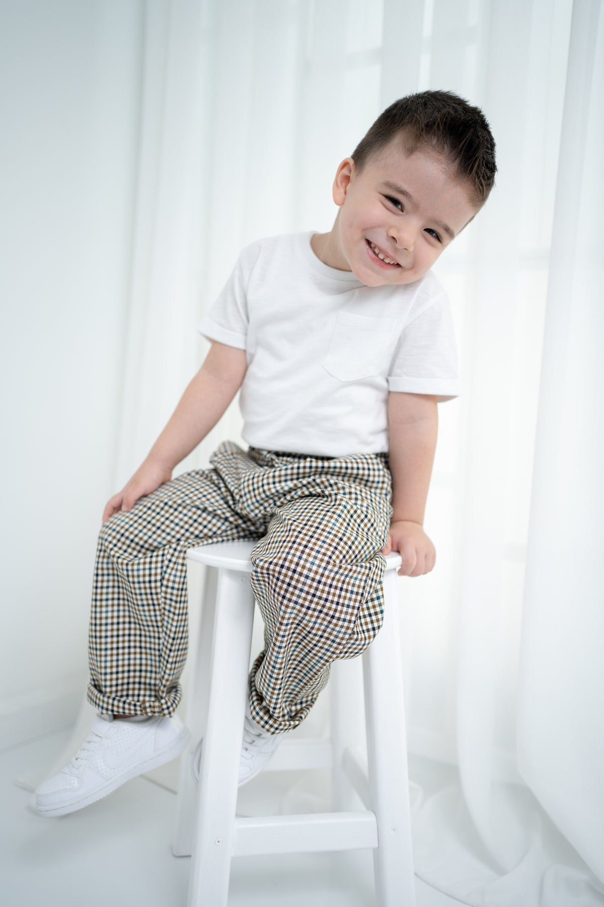 Unisex Çocuk Ekose Oversize Pantolon - Bej