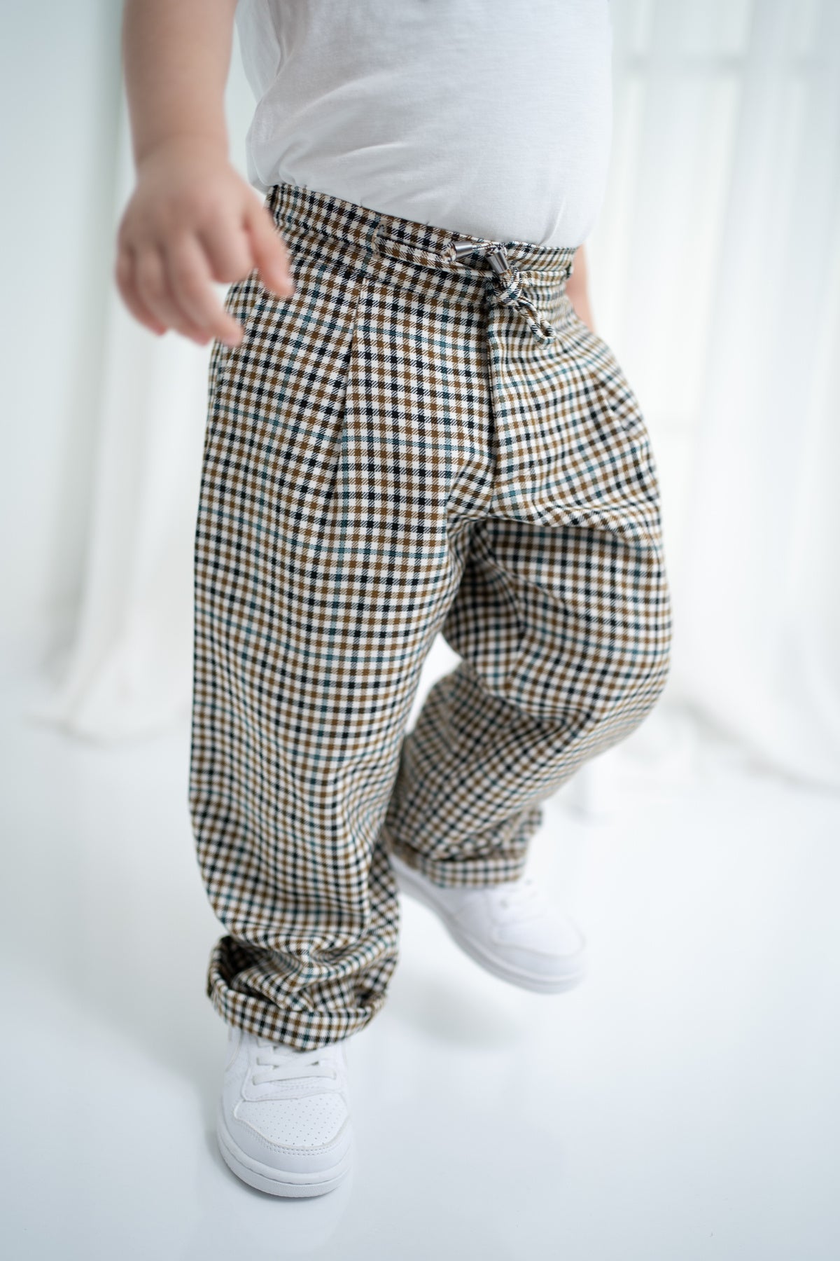 Unisex Çocuk Ekose Oversize Pantolon - Bej