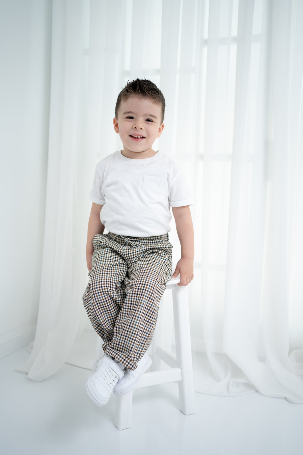 Unisex Çocuk Ekose Oversize Pantolon - Bej