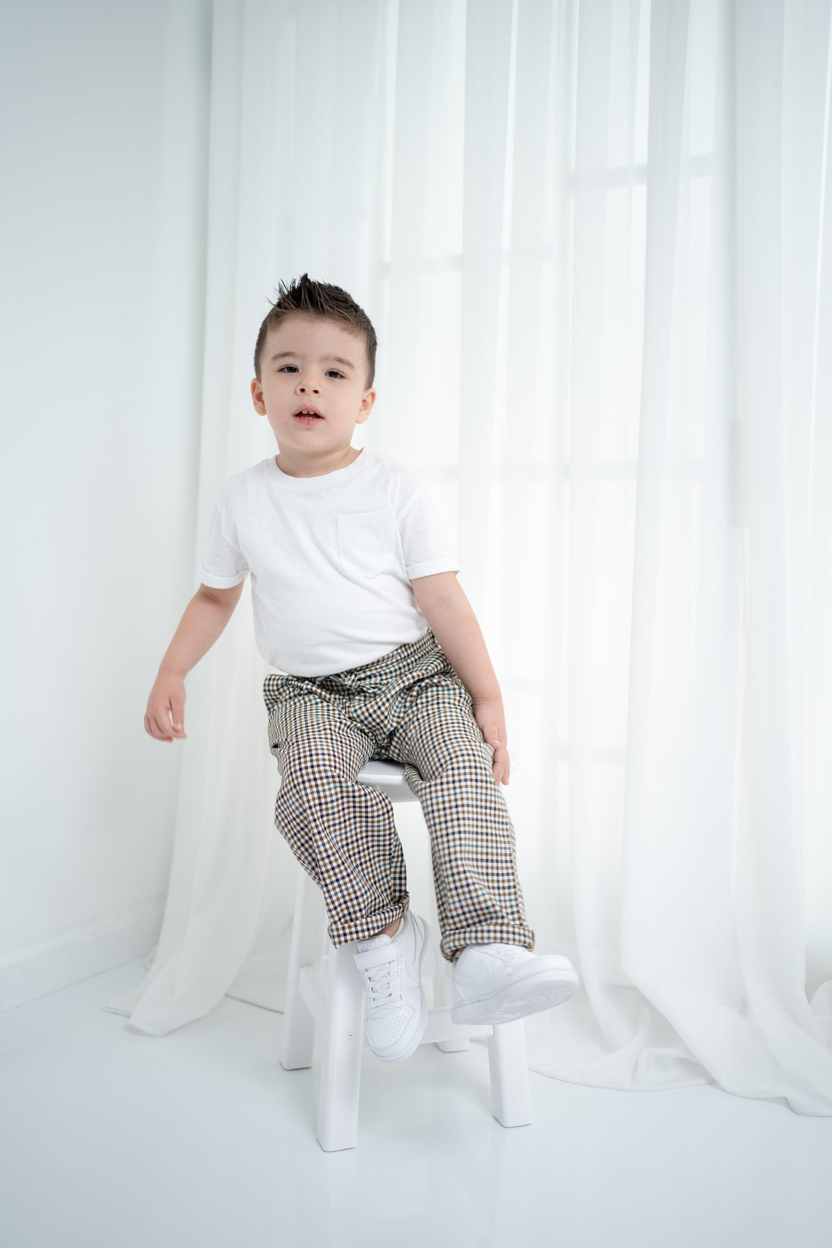 Unisex Çocuk Ekose Oversize Pantolon - Bej