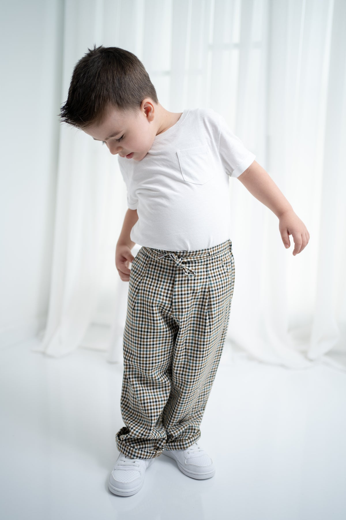 Unisex Çocuk Ekose Oversize Pantolon - Bej