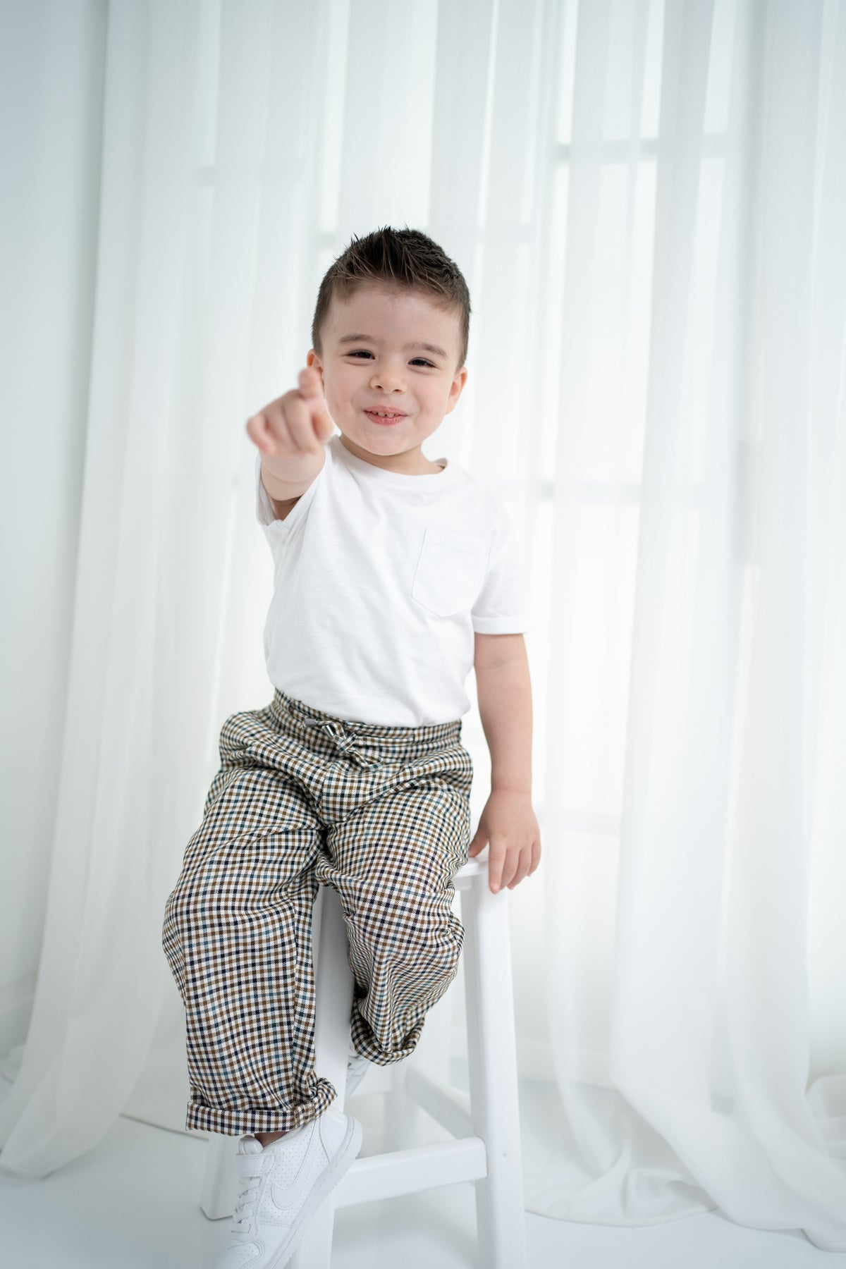 Unisex Çocuk Ekose Oversize Pantolon - Bej