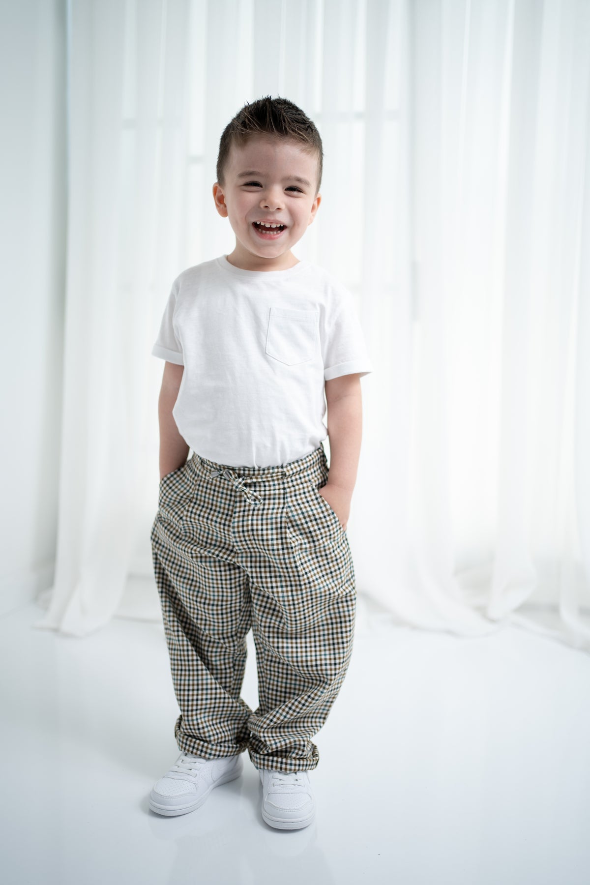 Unisex Çocuk Ekose Oversize Pantolon - Bej