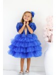 Saks Mavi Balon Kollu Pul Payetli Kız Çocuk Elbise