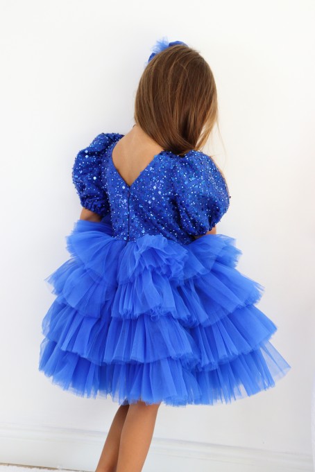 Saks Mavi Balon Kollu Pul Payetli Kız Çocuk Elbise