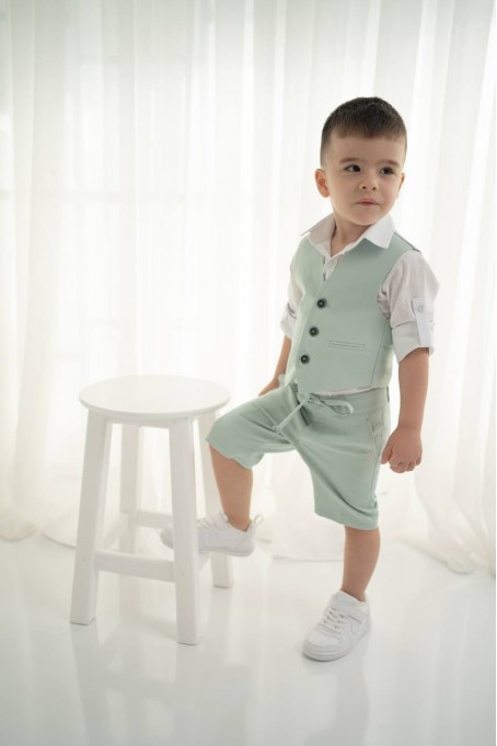 Mint Yeşili Erkek Çocuk 3’lü Takım – Yelek, Şort ve Gömlek Mint Yeşili Erkek Çocuk 3’lü Takım – Yelek, Şort ve Gömlek