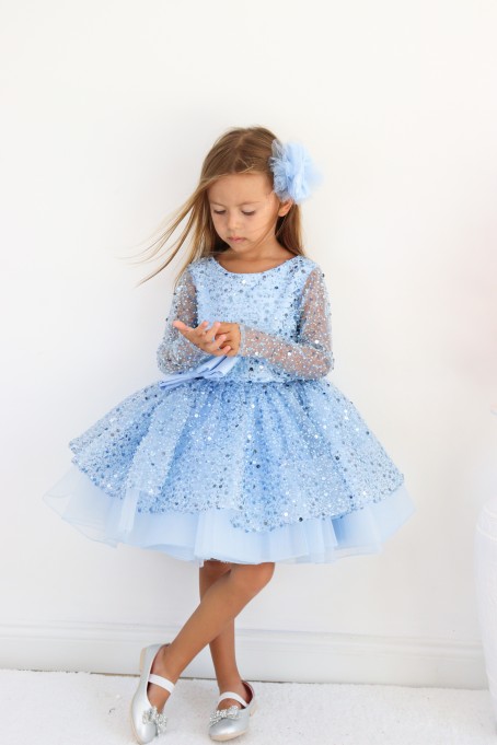 Bebe Mavi Boncuk İşlemeli Uzun Kollu Kız Çocuk Elbise